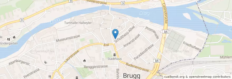 Mapa de ubicacion de Volksbankbrunnen en Schweiz/Suisse/Svizzera/Svizra, Aargau, Bezirk Brugg, Brugg.