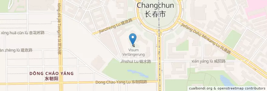 Mapa de ubicacion de Visum Verlängerung en 중국, 지린 성, 长春市, 朝阳区, 重庆街道.