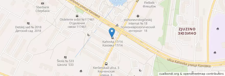 Mapa de ubicacion de Каховка 17/14 en Russie, District Fédéral Central, Moscou, Юго-Западный Административный Округ, Район Зюзино.