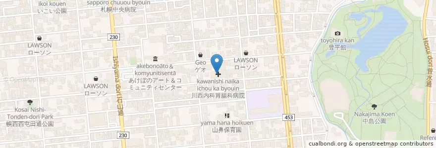 Mapa de ubicacion de 川西内科胃腸科病院 en Japon, Préfecture De Hokkaidō, 石狩振興局, 札幌市, 中央区.