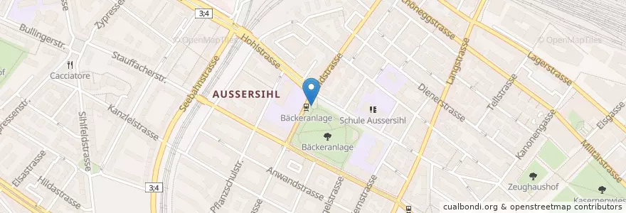 Mapa de ubicacion de Bäckeranlage en Suisse, Zurich, District De Zurich, Zurich.