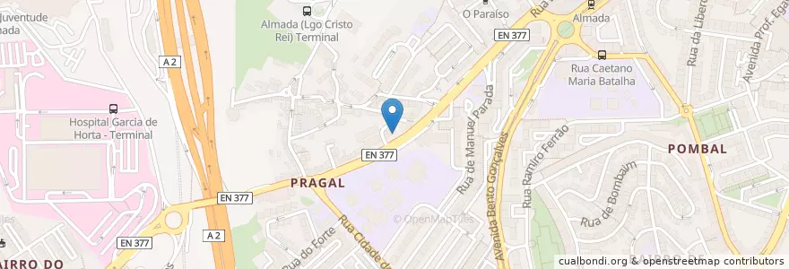 Mapa de ubicacion de Pragal en ポルトガル, Área Metropolitana De Lisboa, Setúbal, Península De Setúbal, Almada, Almada, Cova Da Piedade, Pragal E Cacilhas.