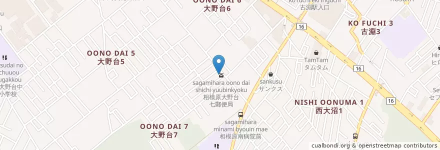 Mapa de ubicacion de 相模原大野台七郵便局 en 日本, 神奈川県, 相模原市, 南区.