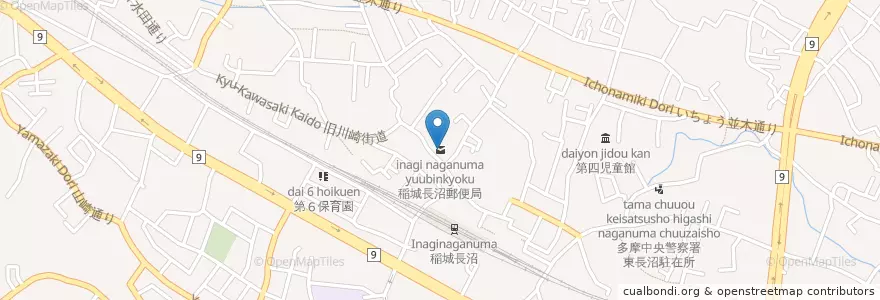 Mapa de ubicacion de 稲城長沼郵便局 en Japão, Tóquio, 稲城市.