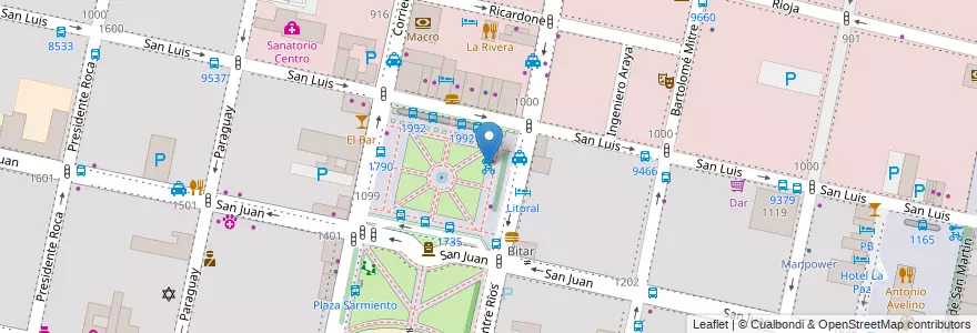 Mapa de ubicacion de 13 - Plaza Sarmiento en 아르헨티나, Santa Fe, Departamento Rosario, Municipio De Rosario, 로사리오.