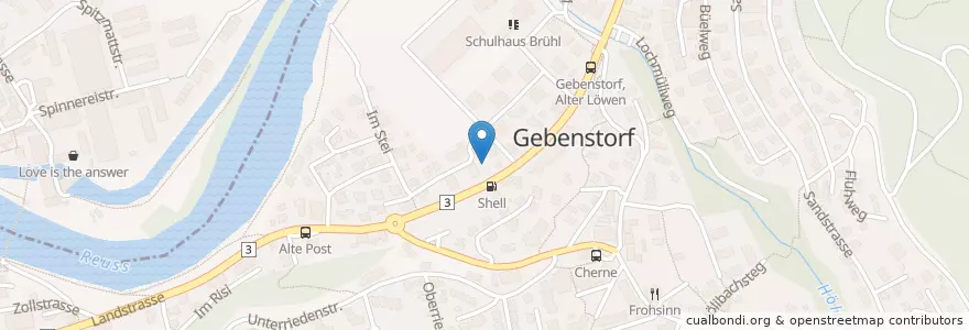 Mapa de ubicacion de Reuss-Garage AG en Schweiz, Aargau, Bezirk Baden, Gebenstorf.