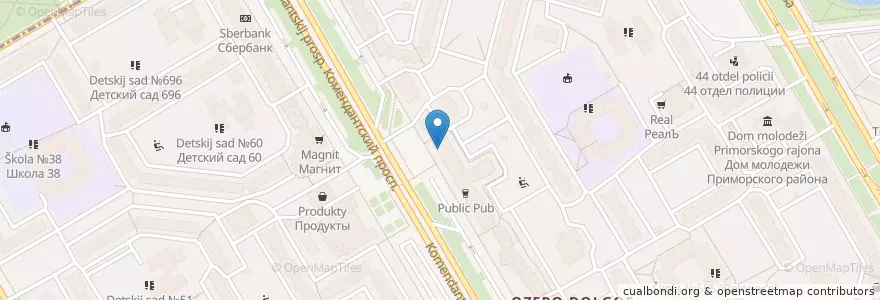 Mapa de ubicacion de Первая Помощь en Russia, Northwestern Federal District, Leningrad Oblast, Saint Petersburg, Приморский Район, Округ Озеро Долгое.