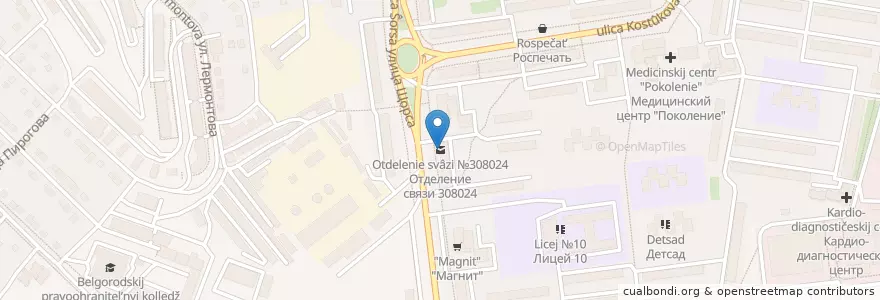Mapa de ubicacion de Отделение связи №308024 en Rusland, Centraal Federaal District, Oblast Belgorod, Белгородский Район, Городской Округ Белгород.