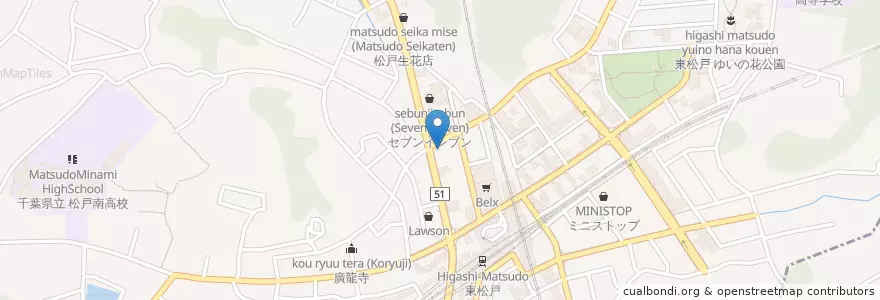 Mapa de ubicacion de 山田うどん en 日本, 千葉県, 松戸市.