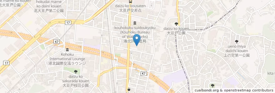 Mapa de ubicacion de 港北郵便局 (Kouhoku Post Office ) en Japan, Kanagawa Prefecture, Yokohama, Kohoku Ward.