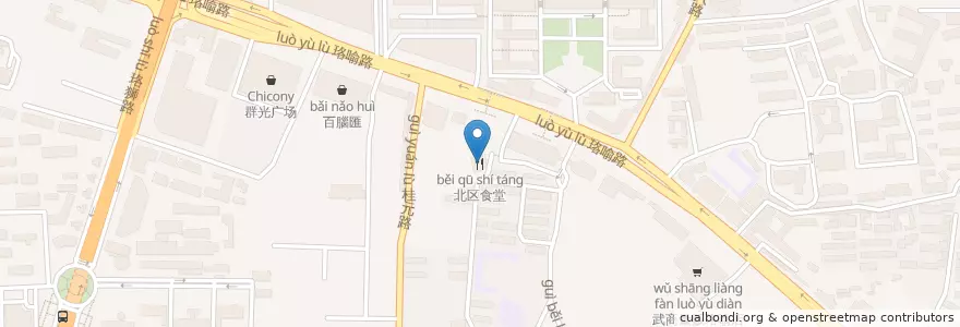 Mapa de ubicacion de 北区食堂 en الصين, خوبي, ووهان, 洪山区, 珞南街道.