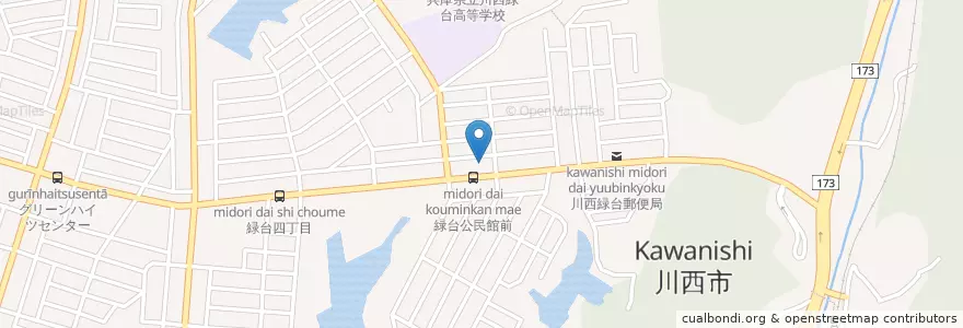 Mapa de ubicacion de 川西市役所緑台行政センター en Japonya, 兵庫県, 川西市.
