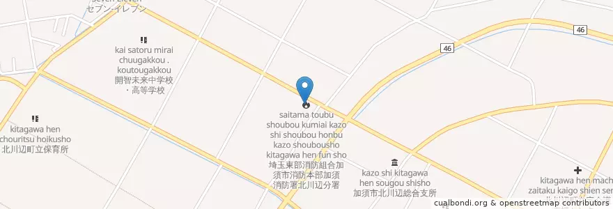 Mapa de ubicacion de 埼玉東部消防組合加須市消防本部加須消防署北川辺分署 en Япония, Сайтама, 加須市.