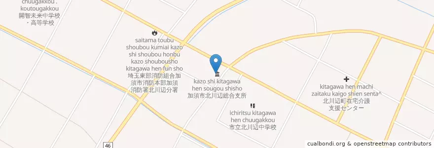 Mapa de ubicacion de 加須市北川辺総合支所 en Japan, Saitama Prefecture, Kazo.