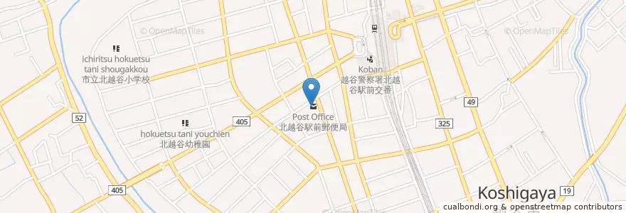 Mapa de ubicacion de 北越谷駅前郵便局 en 日本, 埼玉县, 越谷市.