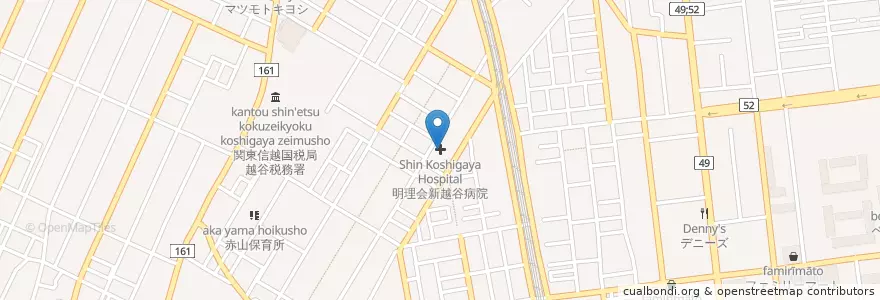 Mapa de ubicacion de 明理会新越谷病院 en Japão, 埼玉県, 越谷市.