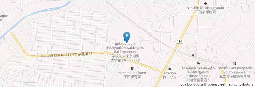 Mapa de ubicacion de 東京国際大学（人間社会学部） en 日本, 埼玉県, 川越市.