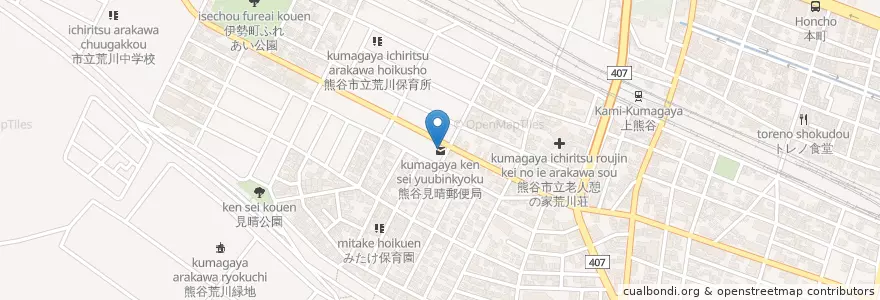 Mapa de ubicacion de 熊谷見晴郵便局 en Japão, 埼玉県, 熊谷市.
