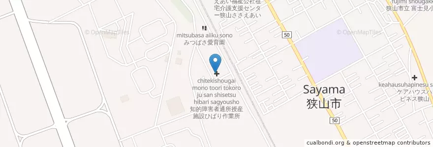 Mapa de ubicacion de 知的障害者通所授産施設ひばり作業所 en Japão, 埼玉県, 狭山市.