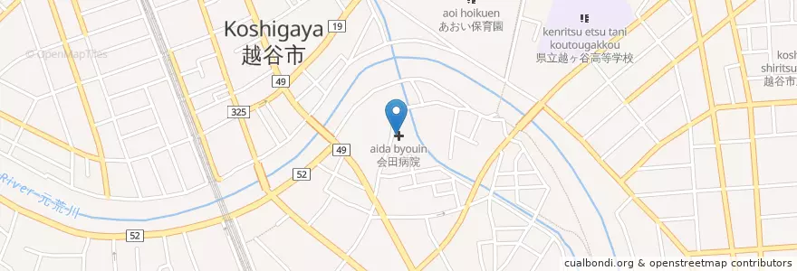 Mapa de ubicacion de 会田病院 en 日本, 埼玉県, 越谷市.