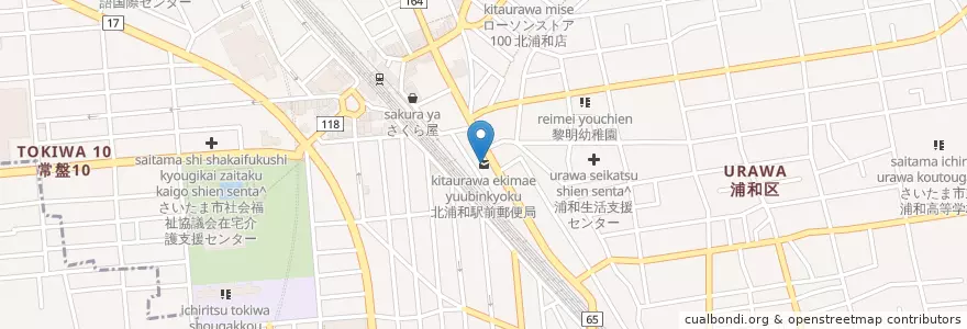 Mapa de ubicacion de 北浦和駅前郵便局 en Japan, Saitama Prefecture, Saitama, Urawa Ward.