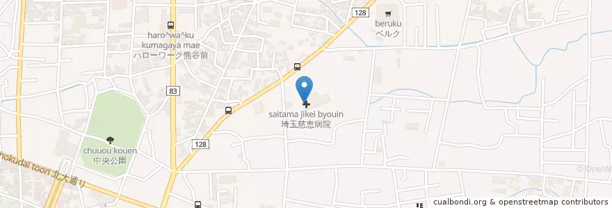 Mapa de ubicacion de 埼玉慈恵病院 en 日本, 埼玉県, 熊谷市.