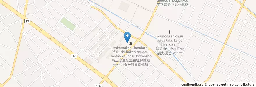 Mapa de ubicacion de 埼玉県北足立福祉保健総合センター鴻巣保健所 en Japão, 埼玉県, 鴻巣市.