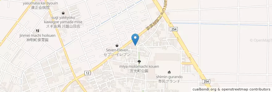 Mapa de ubicacion de 川越宮元郵便局 en اليابان, 埼玉県, 川越市.