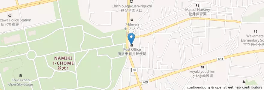 Mapa de ubicacion de 所沢東新井郵便局 en 日本, 埼玉県, 所沢市.
