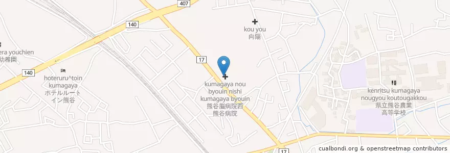 Mapa de ubicacion de 熊谷脳病院西熊谷病院 en Japón, Prefectura De Saitama, 熊谷市.