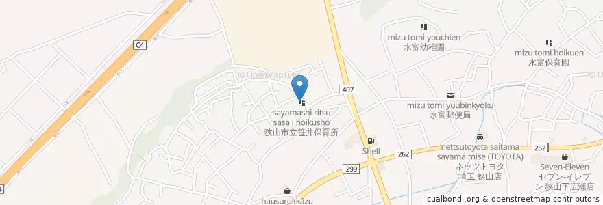 Mapa de ubicacion de 狭山市立笹井保育所 en Japão, 埼玉県, 狭山市.