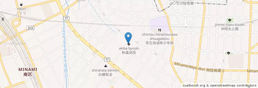 Mapa de ubicacion de 秋葉病院 en Japan, Saitama Prefecture, Saitama, Minami Ward.