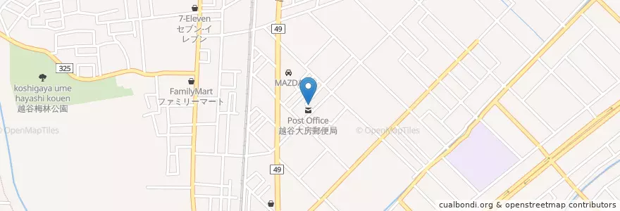 Mapa de ubicacion de 越谷大房郵便局 en Japan, 埼玉県, 越谷市.