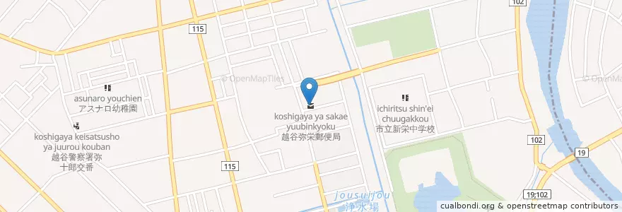 Mapa de ubicacion de 越谷弥栄郵便局 en Japonya, 埼玉県, 越谷市.