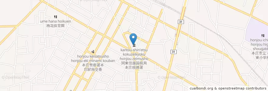 Mapa de ubicacion de 関東信越国税局本庄税務署 en Japan, Saitama Prefecture, Honjo.