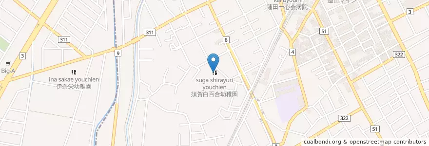 Mapa de ubicacion de 須賀白百合幼稚園 en 日本, 埼玉県, 蓮田市.