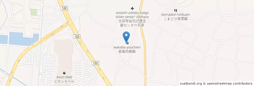 Mapa de ubicacion de 若葉幼稚園 en Jepun, 群馬県, 太田市.