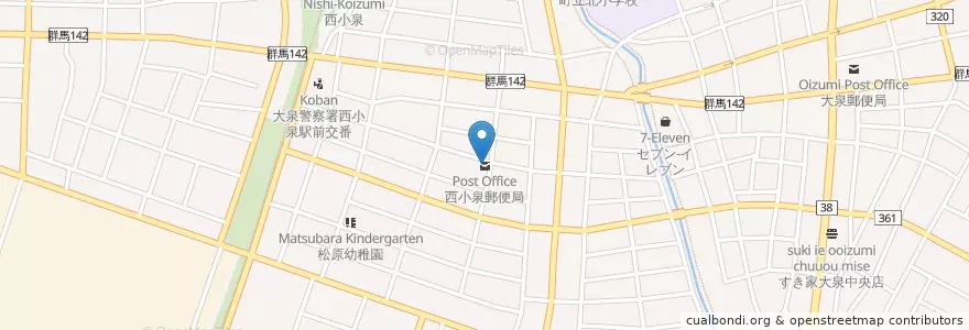 Mapa de ubicacion de 西小泉郵便局 en Japón, Prefectura De Gunma, 邑楽郡, 大泉町.
