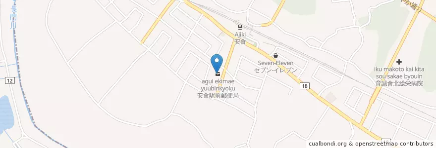 Mapa de ubicacion de 安食駅前郵便局 en Japan, Chiba Prefecture, Inba, Sakae.