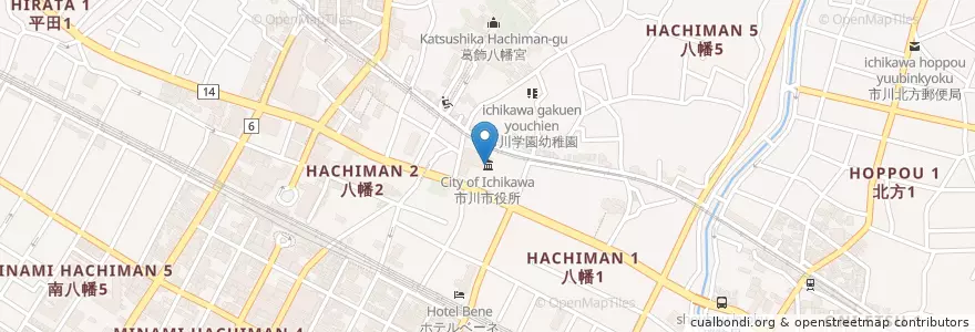 Mapa de ubicacion de 市川市役所 en Japonya, 千葉県, 市川市.