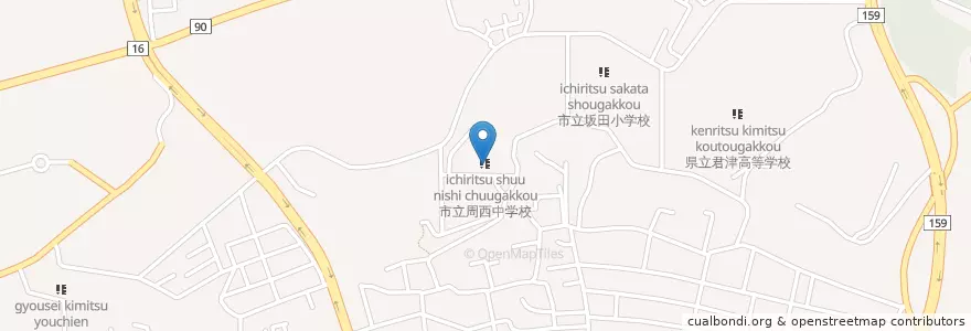 Mapa de ubicacion de 君津市立周西中学校 en Япония, Тиба, 君津市.