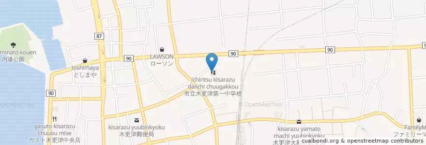 Mapa de ubicacion de 木更津市立木更津第一中学校 en Japon, Préfecture De Chiba, 木更津市.