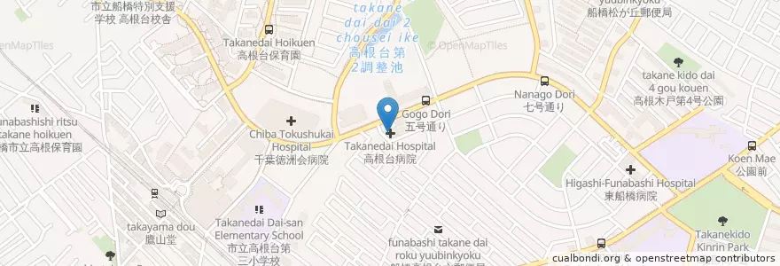 Mapa de ubicacion de 高根台病院 en 日本, 千葉県, 船橋市.