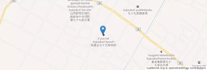 Mapa de ubicacion de 慈優会九十九里病院 en Japonya, 千葉県, 山武郡, 九十九里町.
