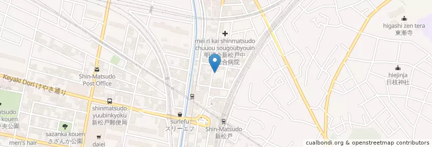 Mapa de ubicacion de 新松戸駅前郵便局 en Giappone, Prefettura Di Chiba, 松戸市.
