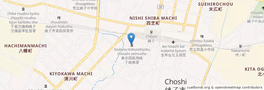 Mapa de ubicacion de 東京国税局銚子税務署 en ژاپن, 千葉県, 銚子市.