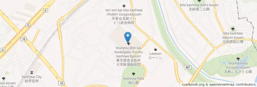 Mapa de ubicacion de 東京慈恵会医科大学附属柏病院 en 日本, 千葉県, 柏市.