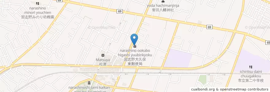 Mapa de ubicacion de 習志野大久保東郵便局 en Japón, Prefectura De Chiba, Narashino.