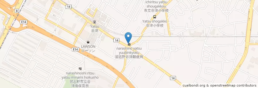 Mapa de ubicacion de 習志野谷津郵便局 en Japon, Préfecture De Chiba, 習志野市.