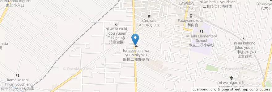 Mapa de ubicacion de 船橋二和郵便局 en ژاپن, 千葉県, 船橋市.